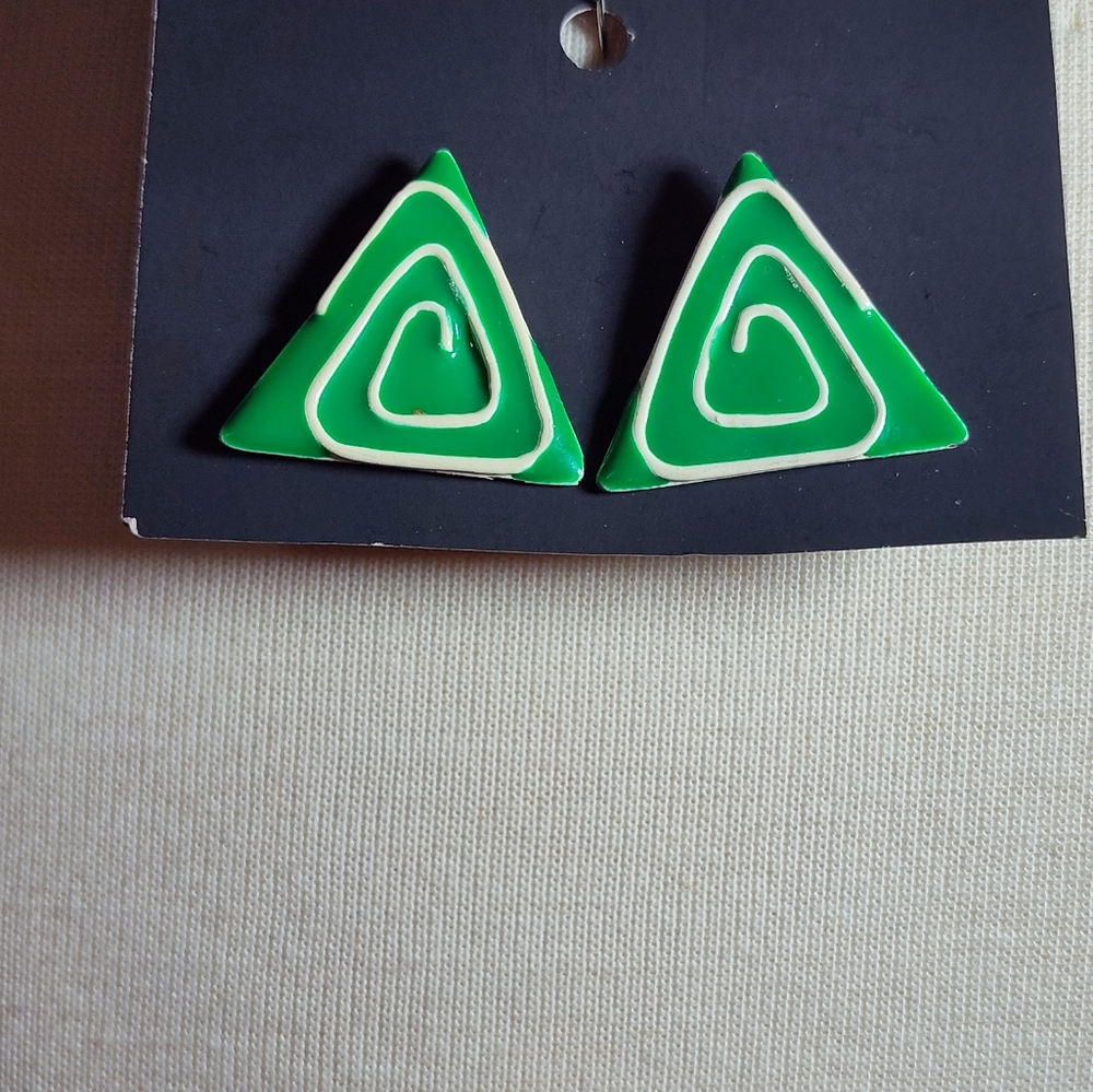 Green White EnamelTriangle Earrings